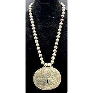 Vintage Mexican Sterling Silver Beaded Statement Necklace 3 3/4” Repousse Medall